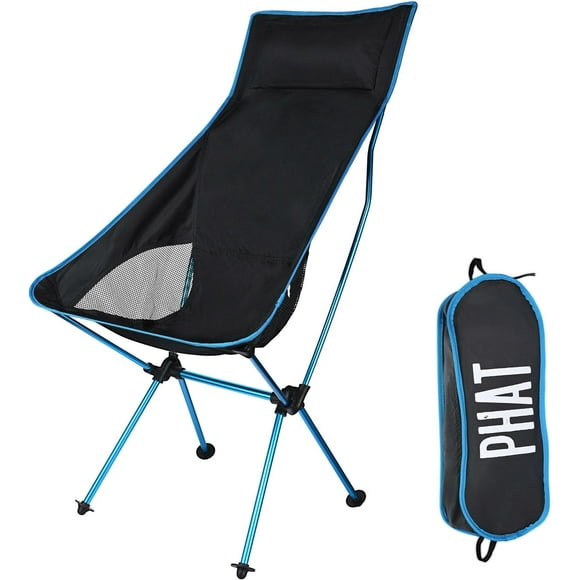 Chaise de Camping Haute Portable avec Appuie-Tête, Pliant Siège de Chaise de Sac à Dos Léger avec un Sac de Transport pour Barbecue de Pêche, Blue