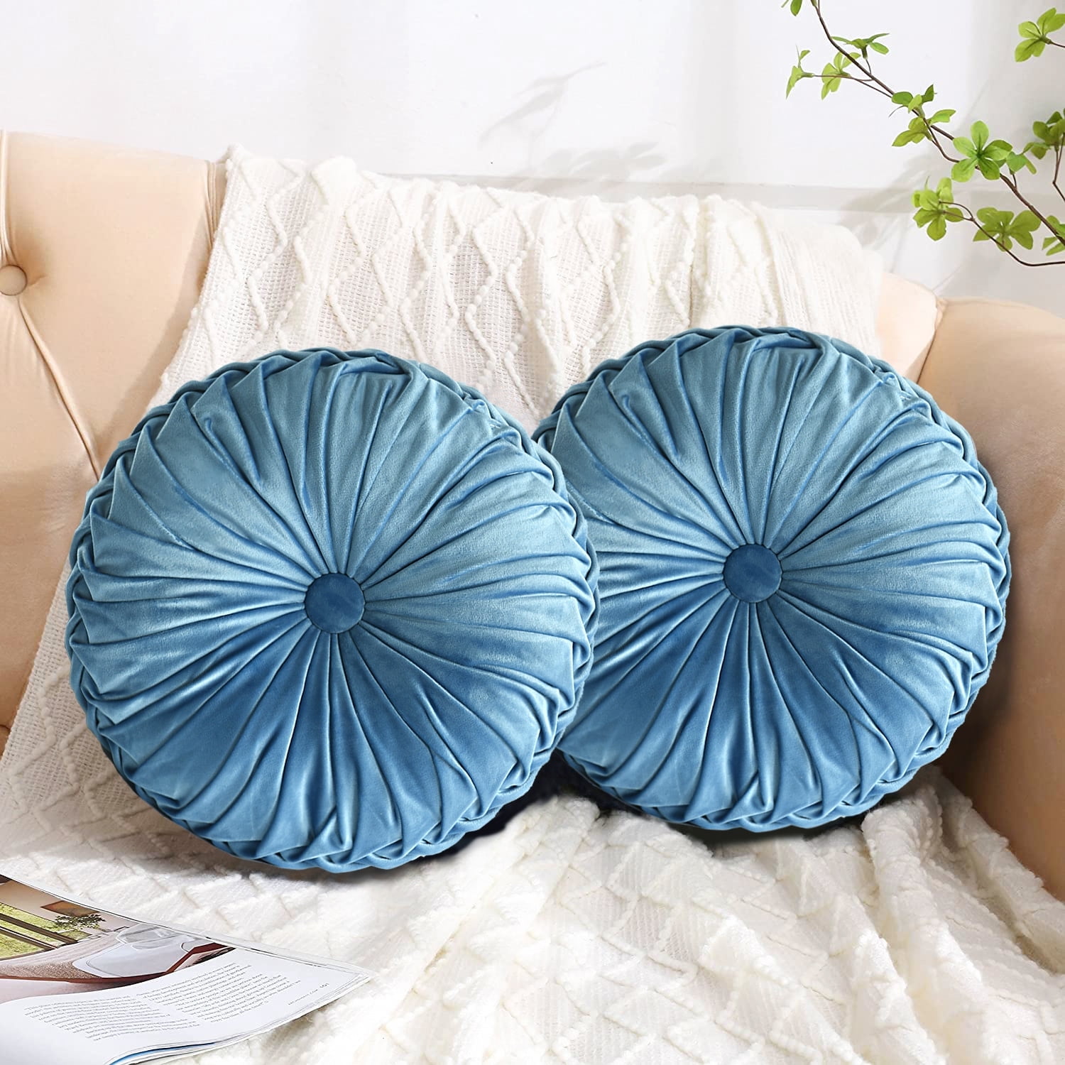 HIG Set of 2 Pumpkin Pleated Round Throw Pillows, Soft Velvet, Dusty Blue, 14.5" Diameter