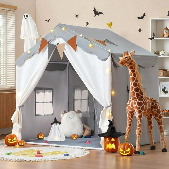 Kids Tent, Kids Play Tent 2 in 1 with Padded Mat and Lights, Large Playhouse with 2 Doors & 4 Windows, Indoor & Outdoor, Halloween Toddler Playhouse, 51" x35" x 51" (Gray)