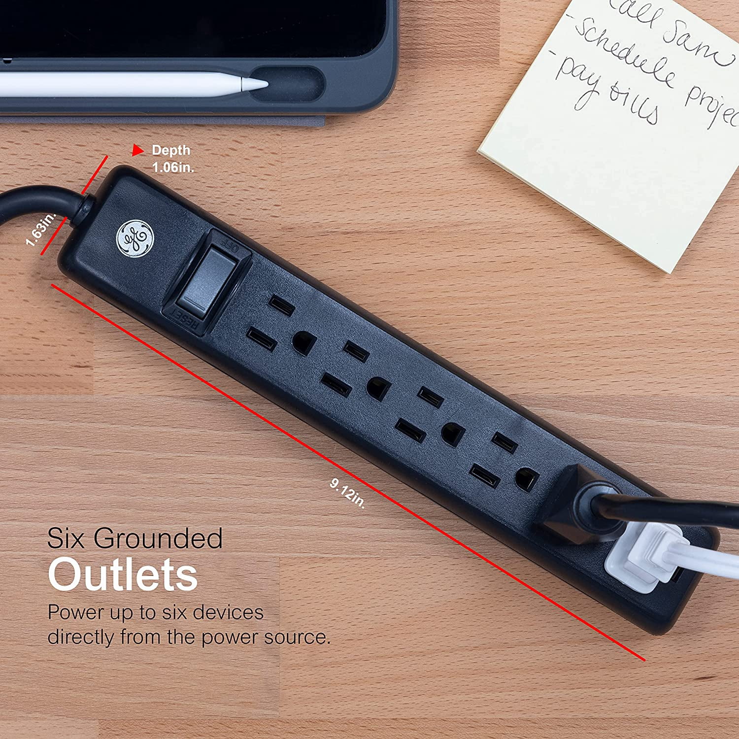 RGHJAR-GE 6-Outlet Power Strip, 7 Ft Power Cord, Flat Plug, 3 Prong Outlet, UL Listed, Black
