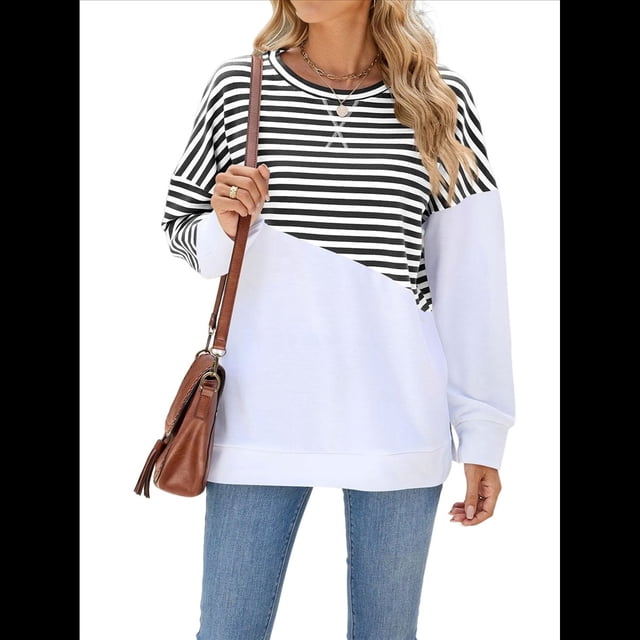 Sudadera Tipo Túnica A Rayas con Bloques de Color para Mujer, de Larga y Cuello Redondo, Holgada y y Negro L