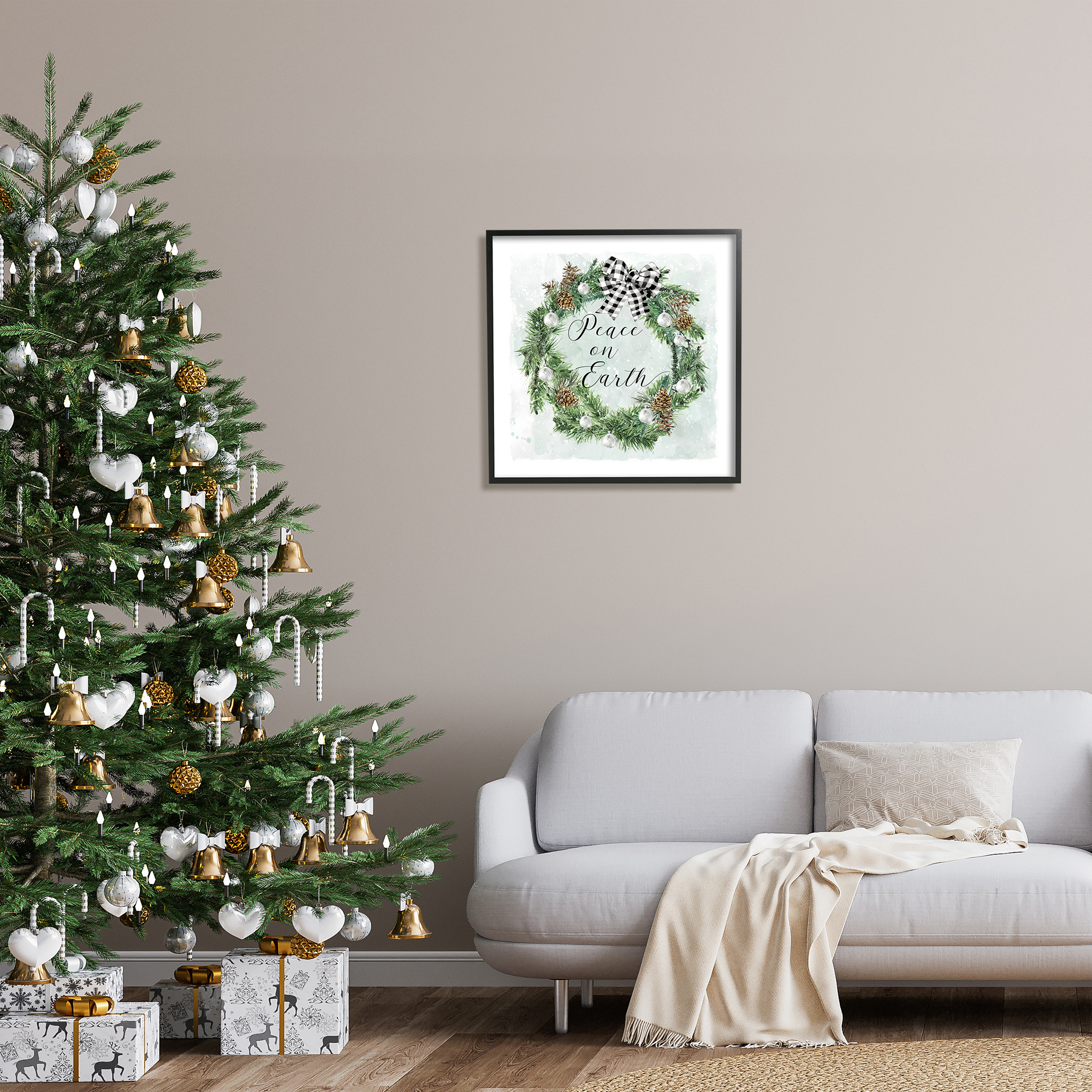 Stupell Industries Peace Seasonal Wreath Holiday Painting Black Framed Art Print Wall Art, 24 x 24
