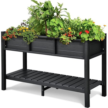 Dextrus 48x18x30in Raised Garden Bed  Poly Wood Planter Box Stand Weather Resistant Planter Box with Legs & Storage Shelf  Elevated Garden Bed for Backyard  Patio  Balcony Black