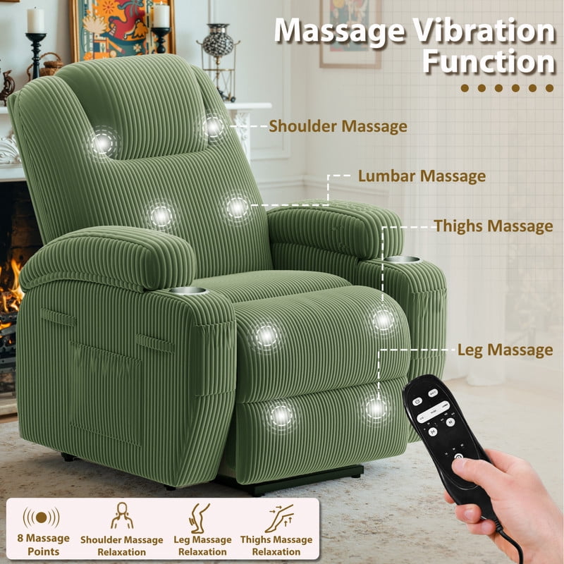 Lacoo Power Lift Recliner Chair with Massage Ergonomic Chair for Elderly with Infinite Position Side Pocket, Corduroy Green