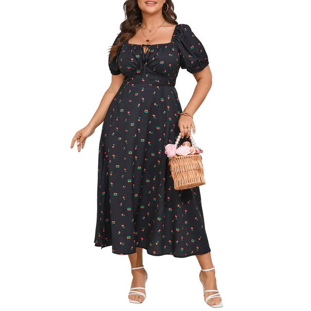Vestido de verano de talla grande SCOMCHIC negro con estampado floral para mujer