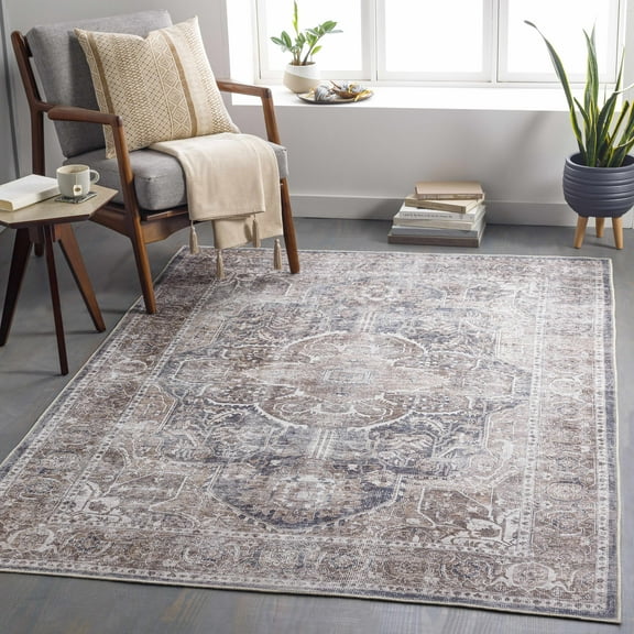 Hauteloom Mignon Turkish Oriental Medallion Living Room Bedroom Large Area Rug - 0.04" Pile Height - Machine Washable - Vintage Distressed - Traditional Faded - Brown, Navy Blue, Beige - 8'10" x 12'