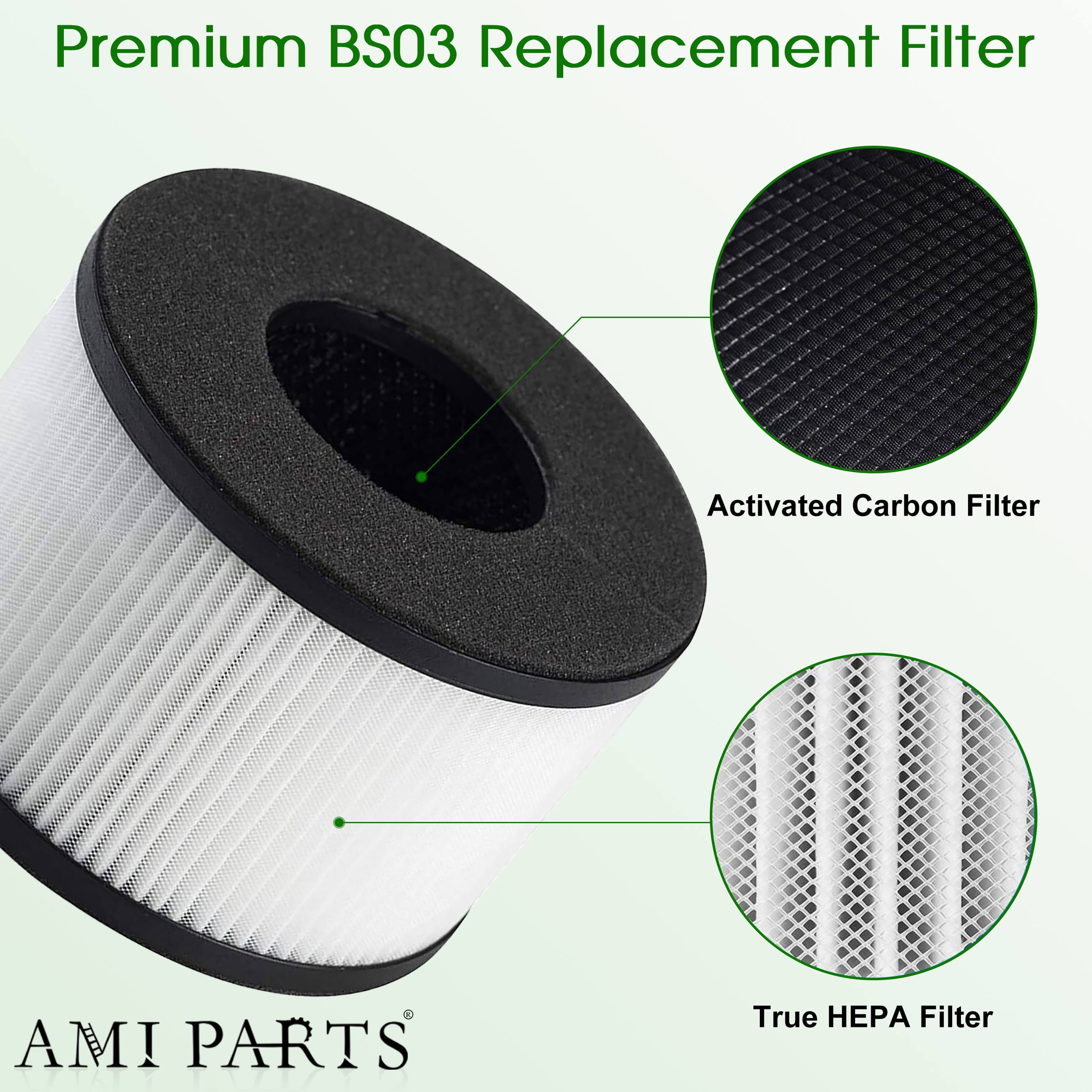AMI PARTS BS-03 H13 True HEPA Replacement Filter for PARTU BS03 HEPA Air Purifier, 3-in-1 Filtration System