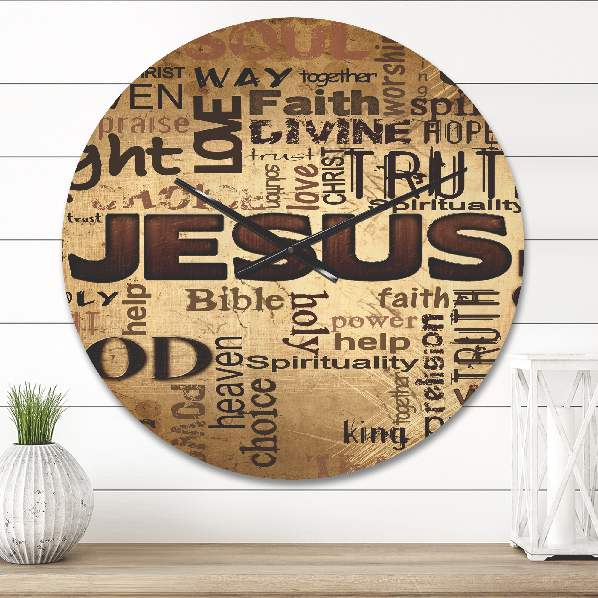 Designart 'Jesus' Word Cloud in Grunge Quote' Modern Wood Wall Clock