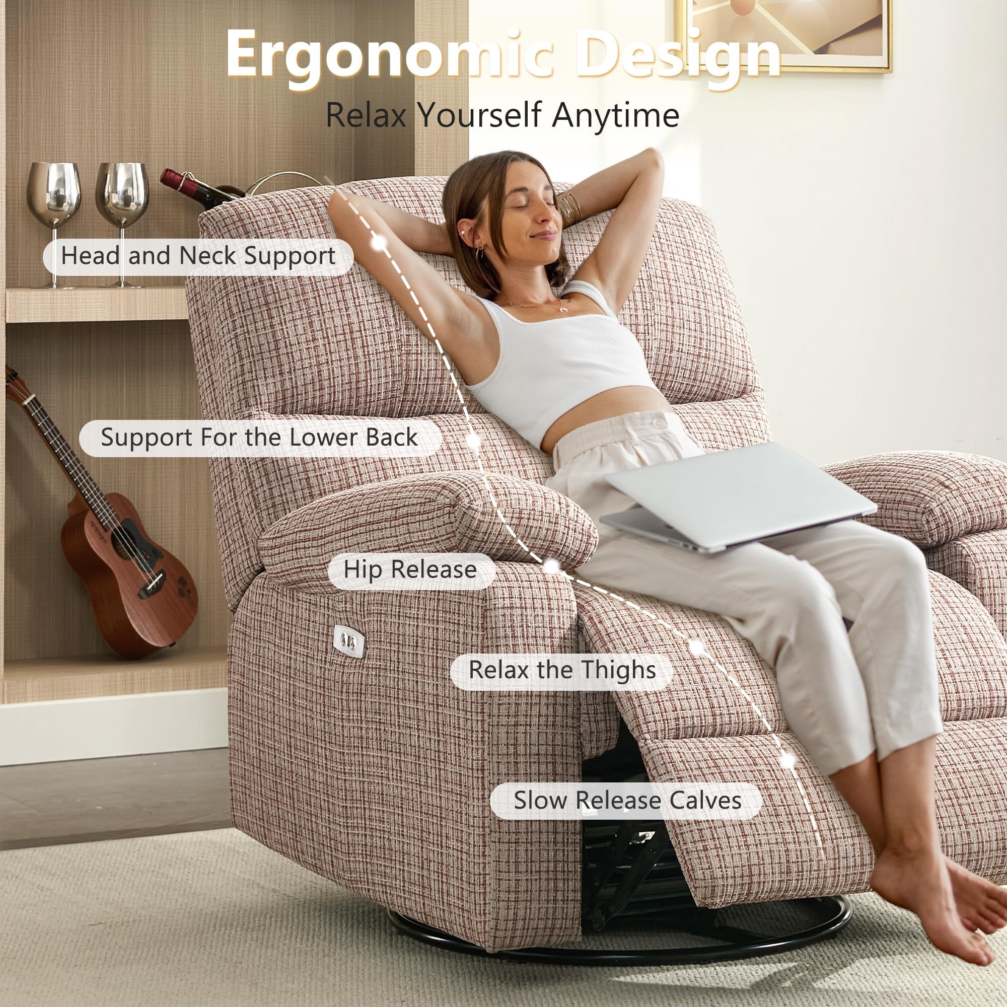 Power Recliner Chairs for Adults, Swivel Rocker Recliner Chair, Adjustable Electric Recliner with USB Port, Rocking Chair Nursery, Small Recliner for Living Room, Brown