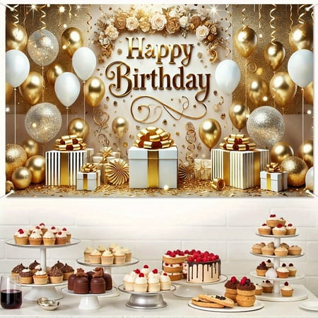 Golden Happy Birthday Backdrop Gold Glittery Birthday Photography Background for Kids Adults Floral Theme Birthday Party Baby Shower Decorations Supplies