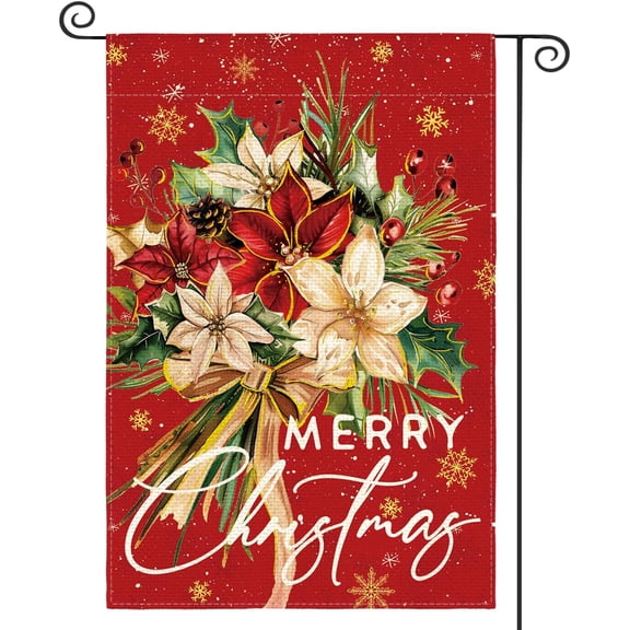 SM-XLHN Floral Merry Christmas Garden Flag 12x18 Inch Double Sided Outside, Christmas Flowers Winter Holiday Yard Outdoor Decorative Flag