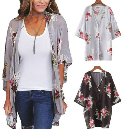 Women's Floral Loose Shawl Long Kimono Cardigan Jacket Coat Shirt ...