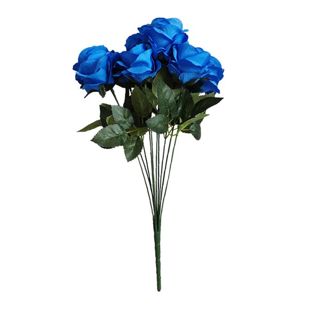 Ramo de novia de boda de flor de rosa artificial de 10 cabezas, ramo de flores de simulación de oficina en casa, rosa falsa, azul sidaley HA7036-08B