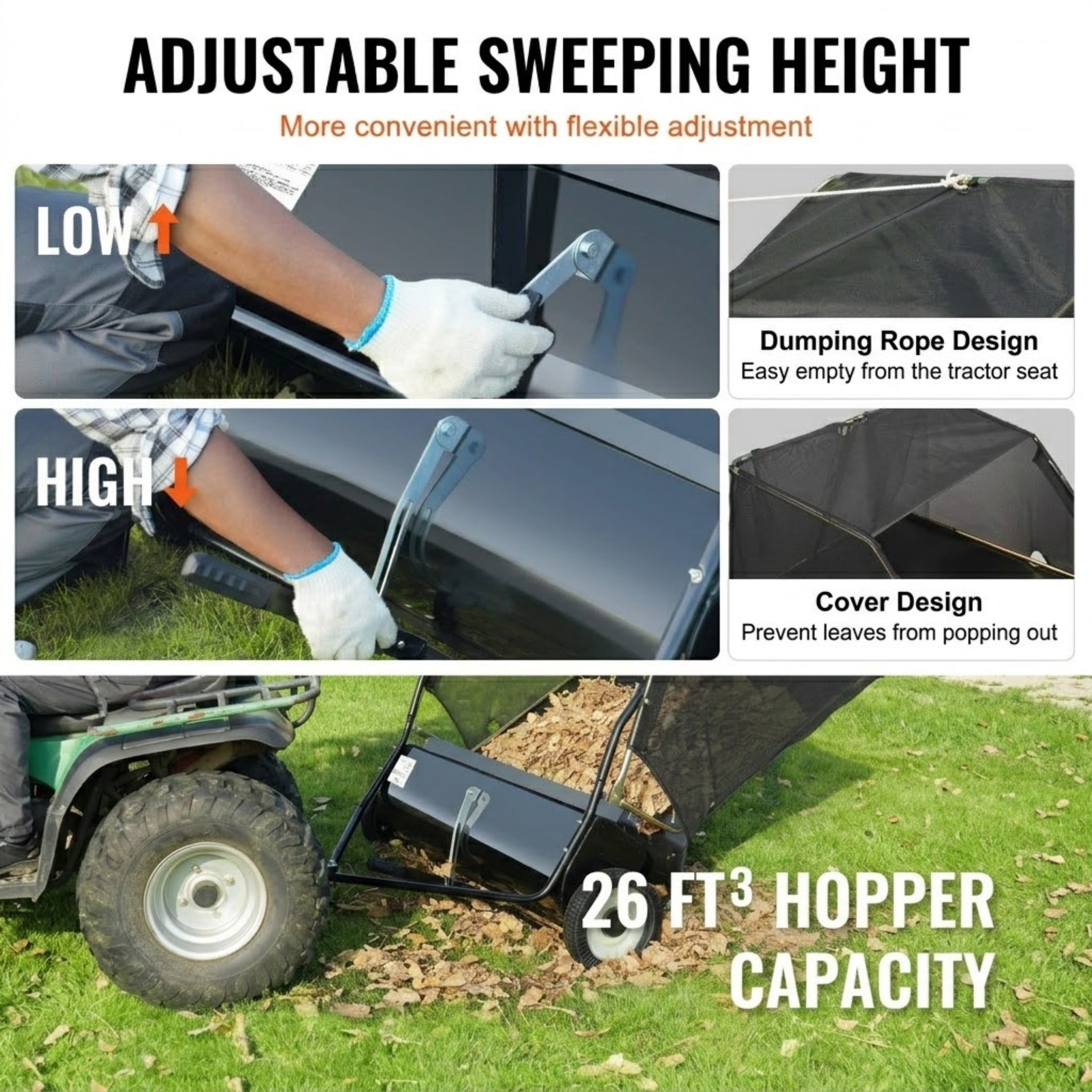 50" Tow Behind Lawn Sweeper, 26 cu. ft Large Capacity Pull Behind Leaf and Grass Collector with Adjustable Height, Heavy Duty