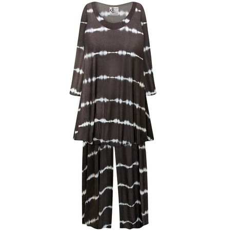 

Plus Size Women’s Long Sleeve Sleepwear with Long Pants Soft Loungewear Brown Wavelength Print Pajama Set Petite Large