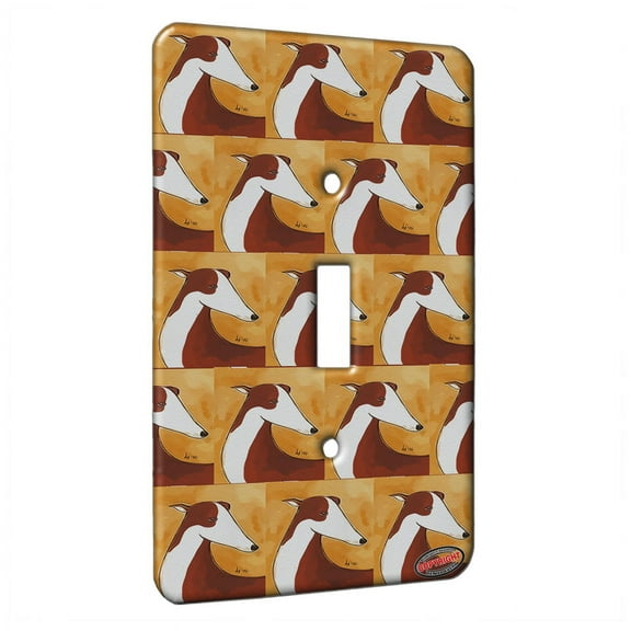 KuzmarK™ Single Gang Toggle Switch Wall Plate - Red Spotted Greyhound on Gold Abstract Dog Modern Art by Denise Every
