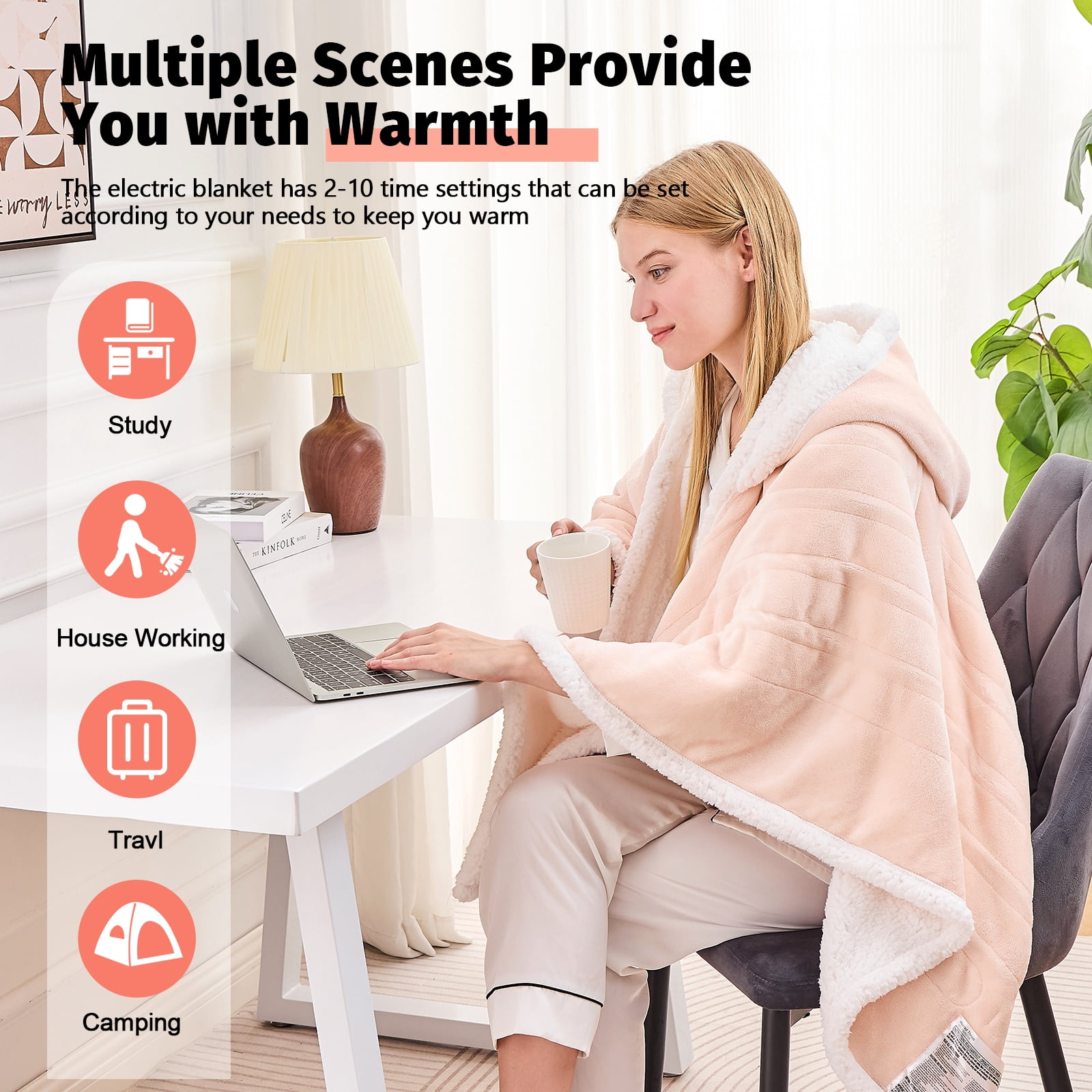 PMONPA Wearable Heated Throw Blanket for Adult, Electric Heated Wrap Poncho Shawl with Pockets, 6 Heating Levels & 2 to 10 Hours Time Settings, 51" x 61", Light Root Color