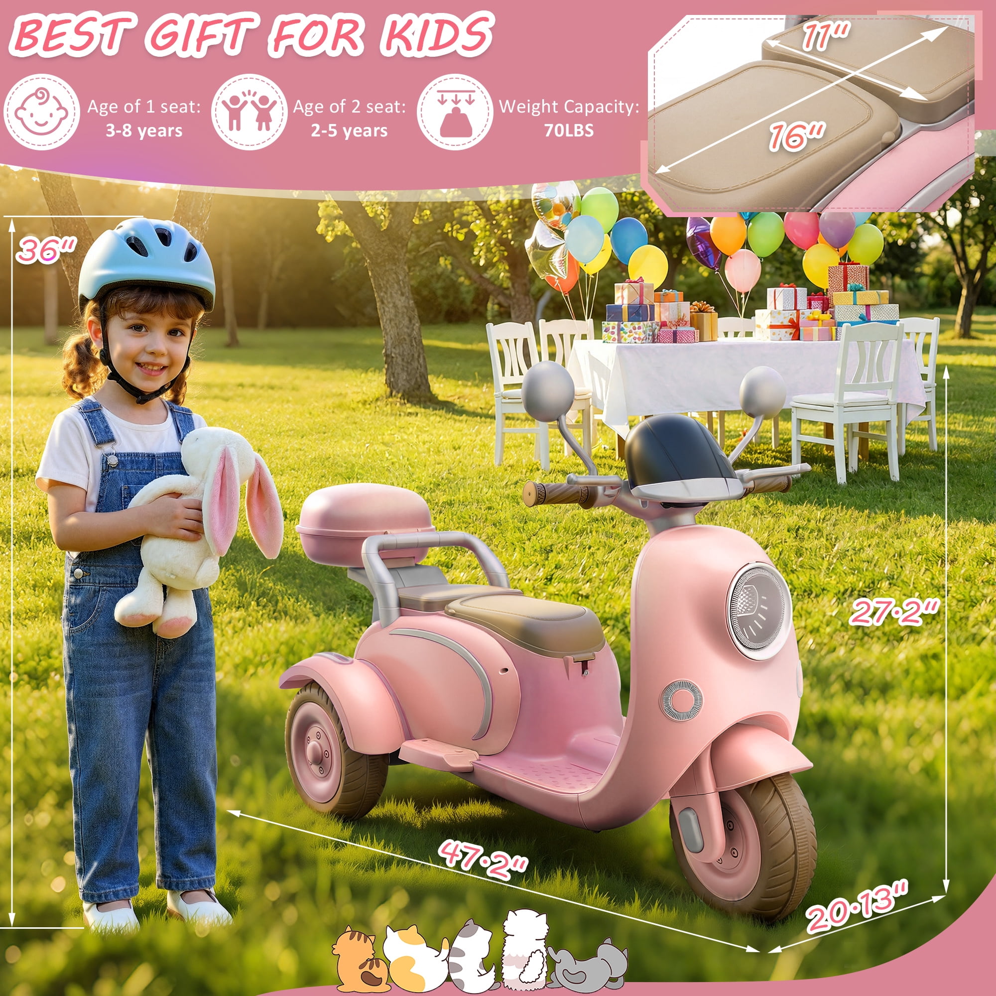 Farmdex 12V Kids Electric Motorcycle, 2 Seater Ride on Toys, 3 Wheel Ride on Motorcycle with Storage Box, USB, Music, LED Lights, Age 2+, Pink