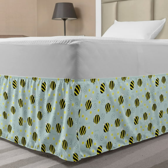 Queen Bee Bed Skirt, Repeating Hand Drawn Flying Bees and Flowers, Elastic Bedskirt Dust Ruffle Wrap Around for Bedding Decor, 4 Sizes, Pale Blue Yellow, by Ambesonne