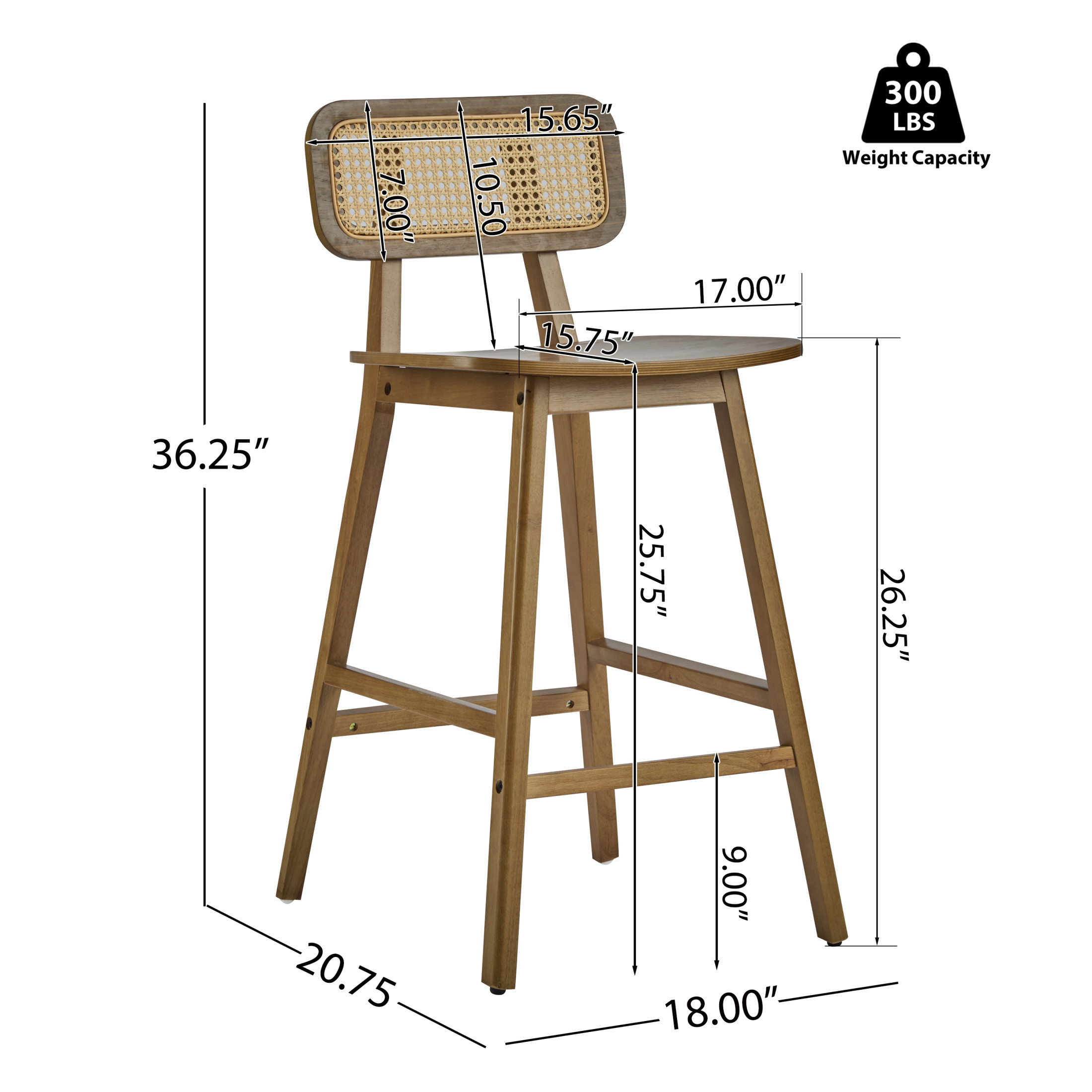Christopher Knight Home Mid-Century Modern 25.75" Barstools, Rattan Backrest, Solid Wood Frame, Walnut, Set of 4