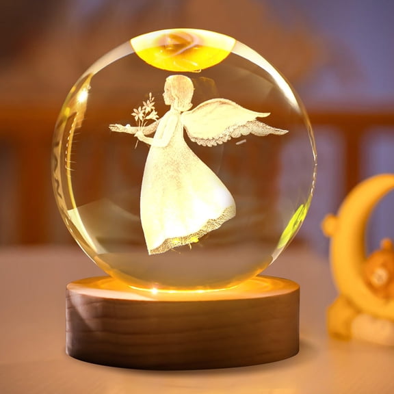 GeBuSn 3D Crystal Night Light Christmas Decoration Angel Luminous Crystal Night Light With LED Light Decoration Angel Glass Lamp With Wooden Base