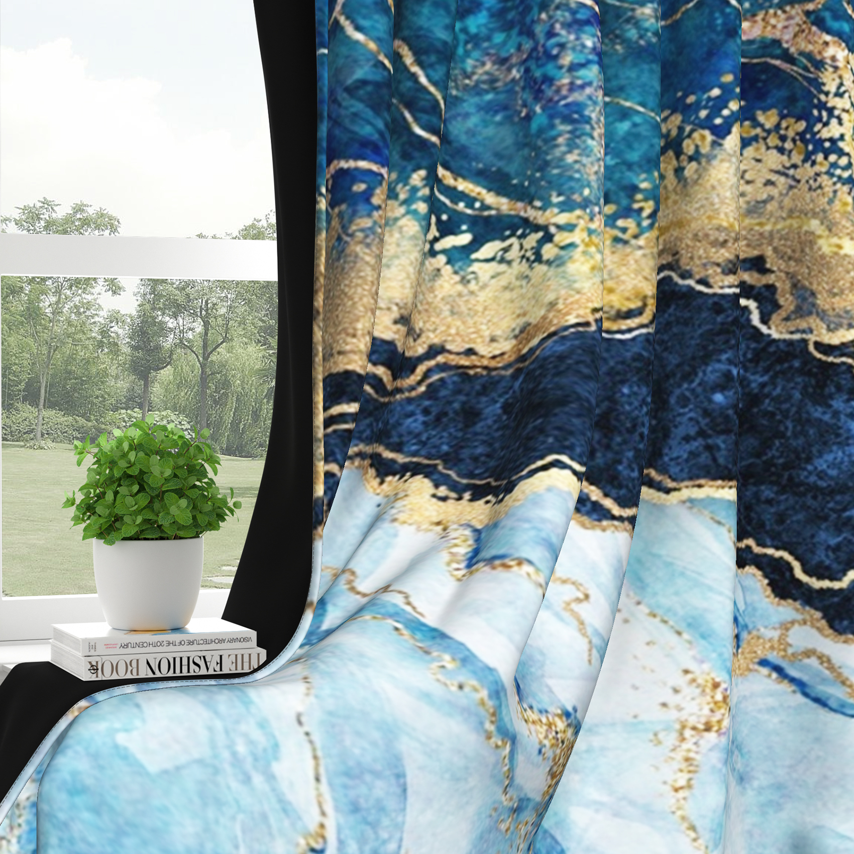 2 Panels Blue Marble Blackout Curtain for Bedroom,Abstract Blue Gold Grommet Drapes for Living Room,52x84 Inch