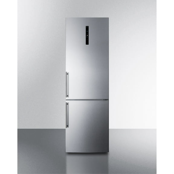 European counter depth bottom freezer refrigerator with stainless steel doors, platinum cabinet, factory installed icemaker, and digital controls for each section