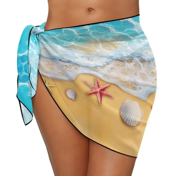 Uourmeti Starfish on Beach Print Women Short Sarongs Beach Sheer Cover Up Bikini Wraps Chiffon Cover Ups for Swimwear