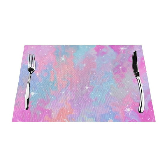 YFYANG Washable Heat-Resistant Placemats, 70% PVC/30% Polyester, Pink Dream Stars Kitchen Table Mat, 12" x 18" 6 Piece