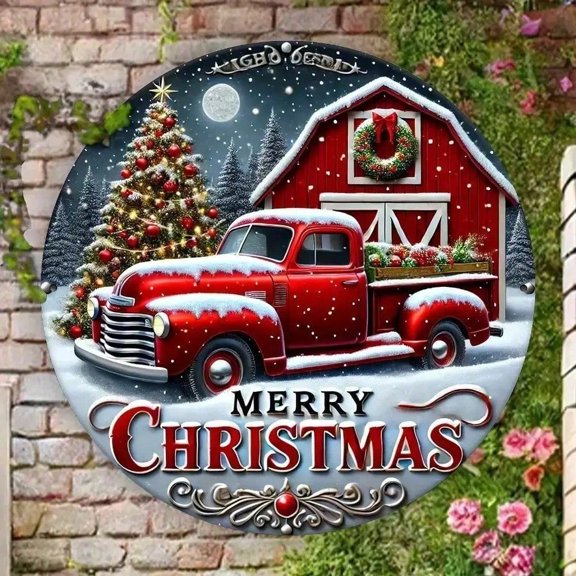 HELLOYOUNG Red Truck Christmas Tin Sign 8 Inch Vintage Metal Wall Decor, Farmhouse Kitchen Art Merry Holiday Home Decor for Kitchen Bar Garage
