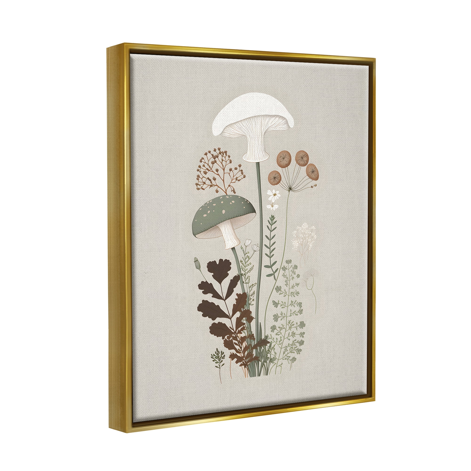 Stupell Industries Soft Mushrooms on Grey Botanical & Floral Painting Gold Floater Framed Canvas Art Print Wall Art, 17 x 21