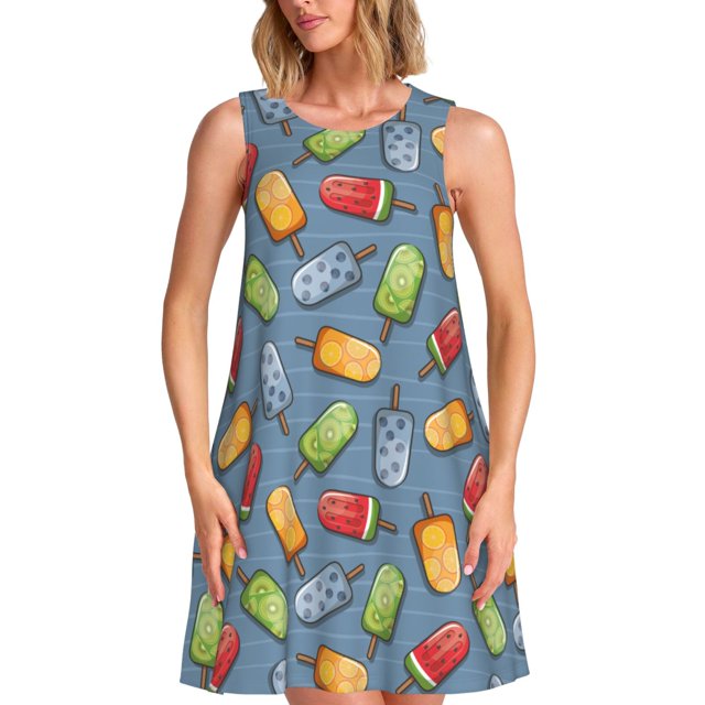 Easygdp Fruit Ice Cream para Vestido Transpirable de Mujer, Vestido Suelto de Manga Corta con Pliegues y Bolsillos para el Verano