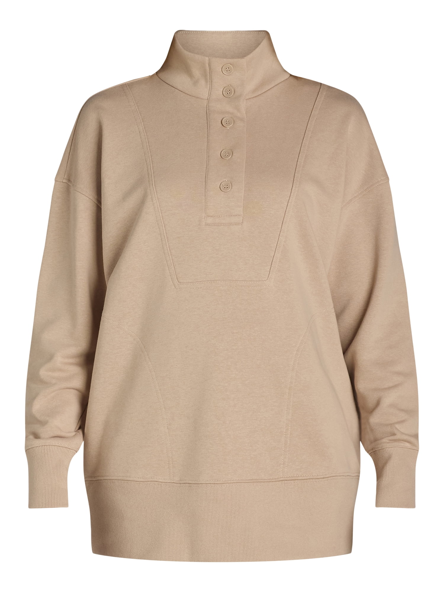 Time and Tru Women's Mock Neck Sweatshirt with Button Placket, Sizes XS-XXXL
