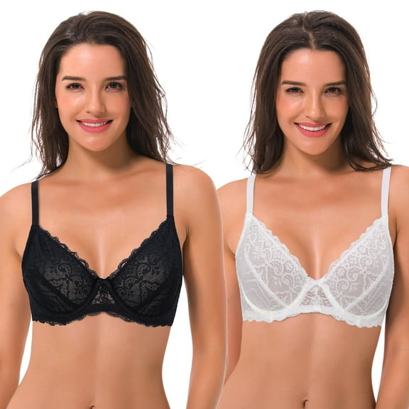 Curve Muse Semi-Sheer Balconette Underwire Lace Bra and Scalloped Hems (2 Pack)-White,Black-34B