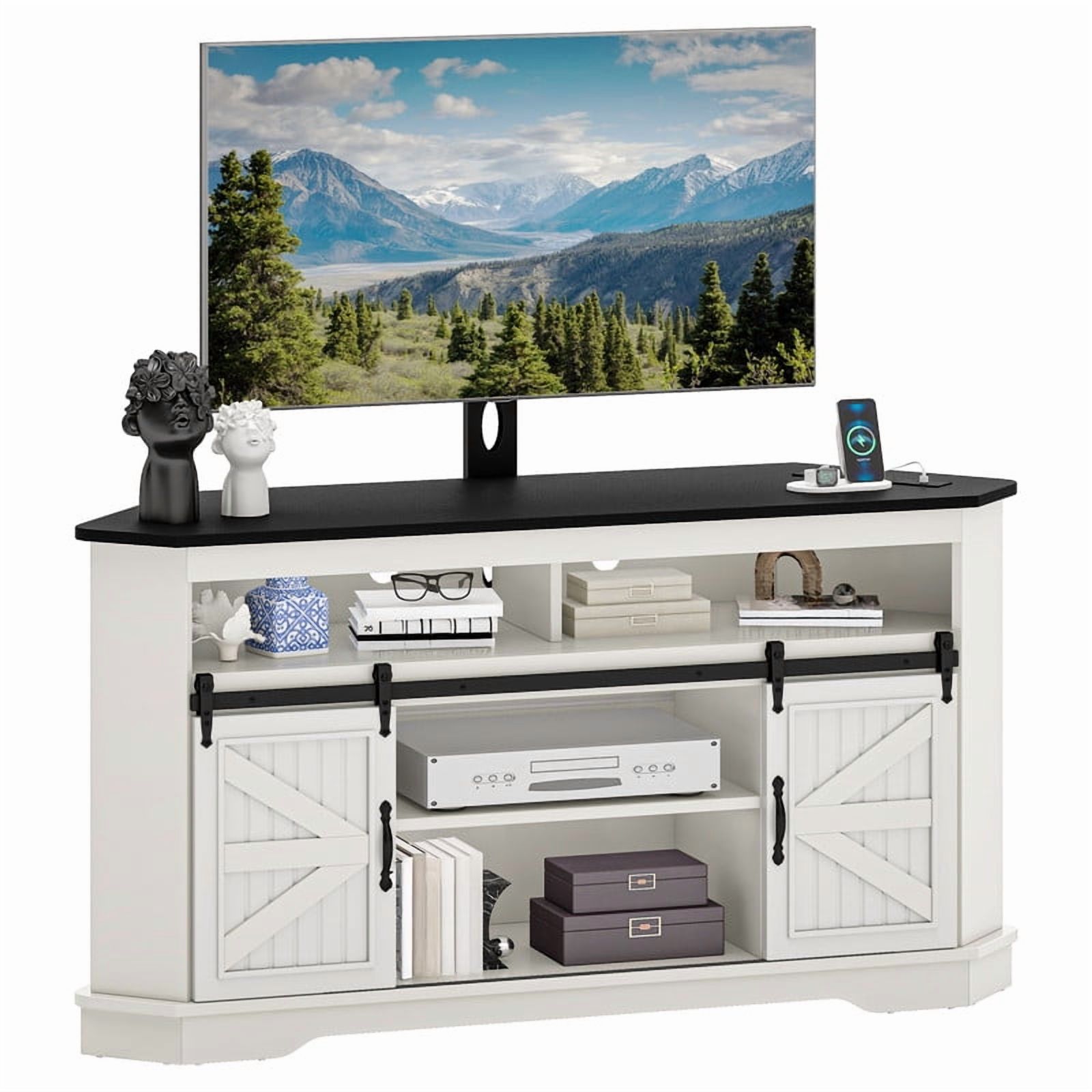 Uforic TV Stand for 70" TV with Mount, Farmhouse Entertainment Center with Power Outlets & Sliding Barn Doors, White