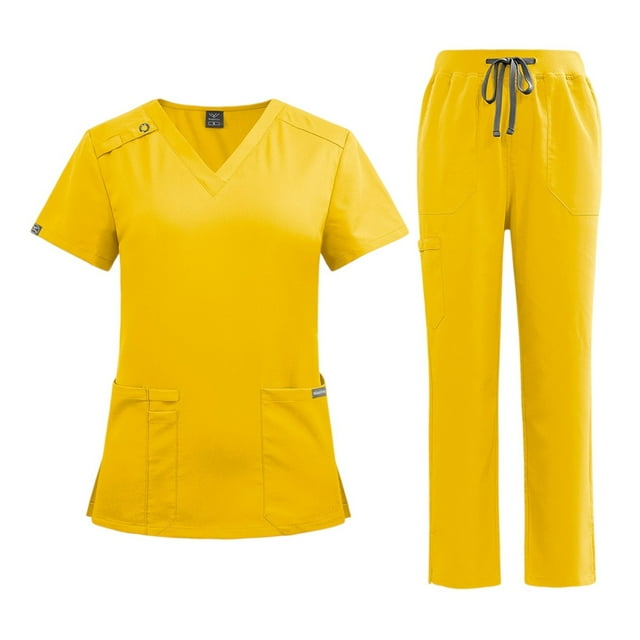 Ktyne Ensembles de Sarraus pour Femmes Extensibles Uniforme d'Infirmière à Manches Courtes Sarrau et Pantalon Ensembles de Sarraus de Couleur Unie avec Multiples Poches Jaune G