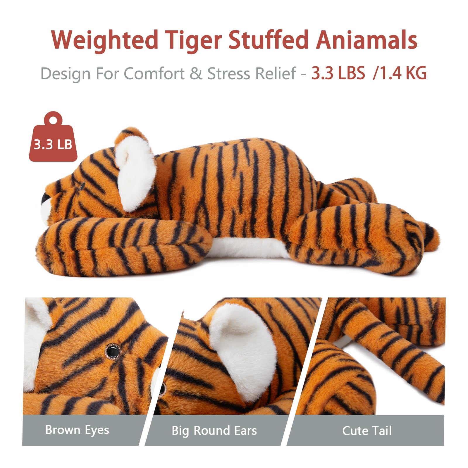 Niuniu Daddy Weighted Tiger Stuffed Animals 20"Large Plush Toy,3.3lb Giant Weighted Tiger Plushie Body Pillow with Soft Faux Fur, Birthday Gift for Baby, Kids & Adults