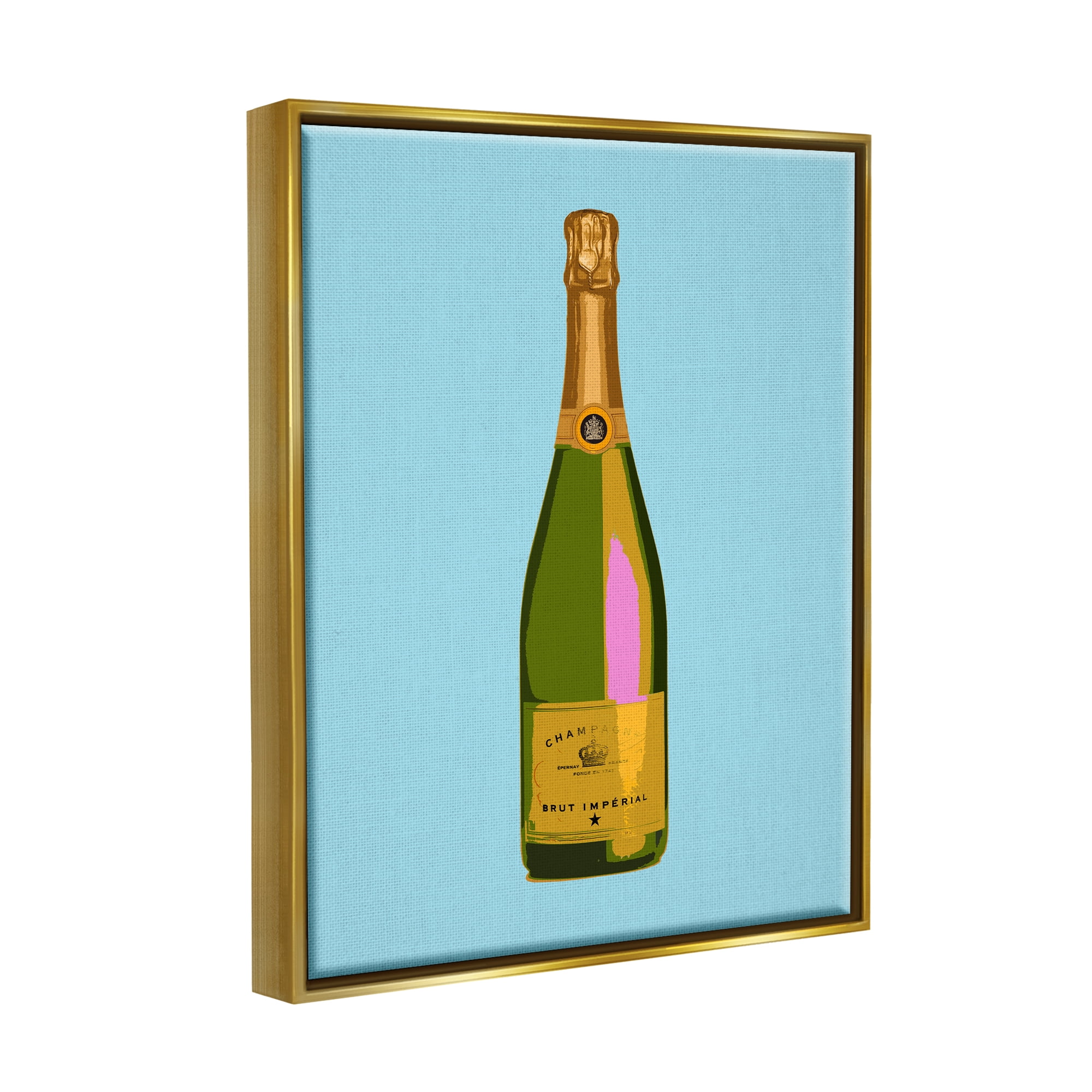 Stupell Industries Champagne Bottle on Blue Food & Beverage Painting Gold Floater Framed Canvas Art Print Wall Art, 17 x 21