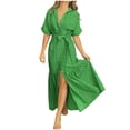 thumbnail image 5 of Xaqiouau Women Solid Color V Neck Short Sleeve Wrap Maxi Dress Waist Tie Front Slit Elegant Flowy Boho Chic Casual Vacation Daily Summer Dress Green XXL, 5 of 5