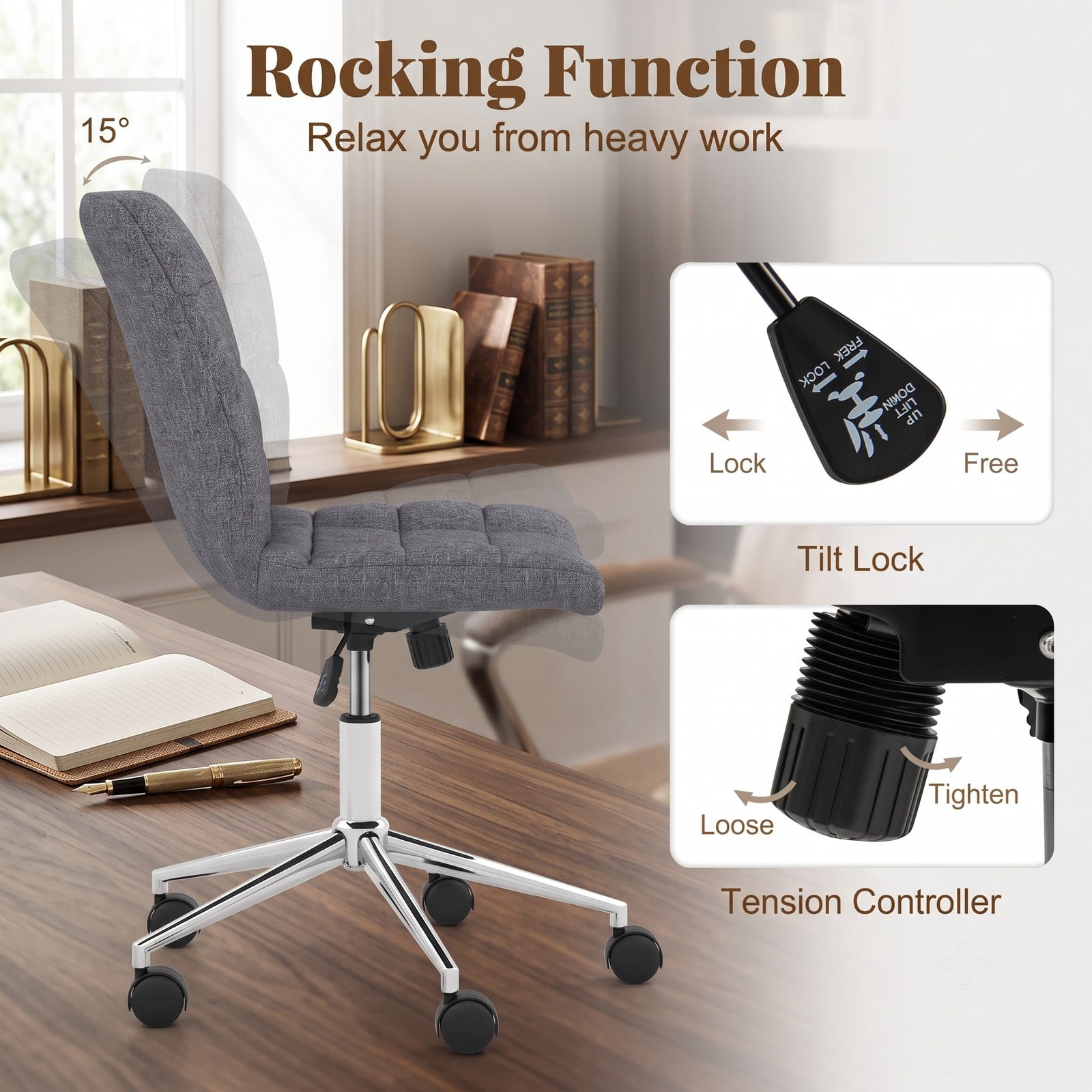Furnibear Armless Office Chair, Upholstered Makeup Vanity Chair with Adjustable Height, 15° Rocking, Swivel Task Desk Chair with 5 Wheels and Metal Base for Home, Grey