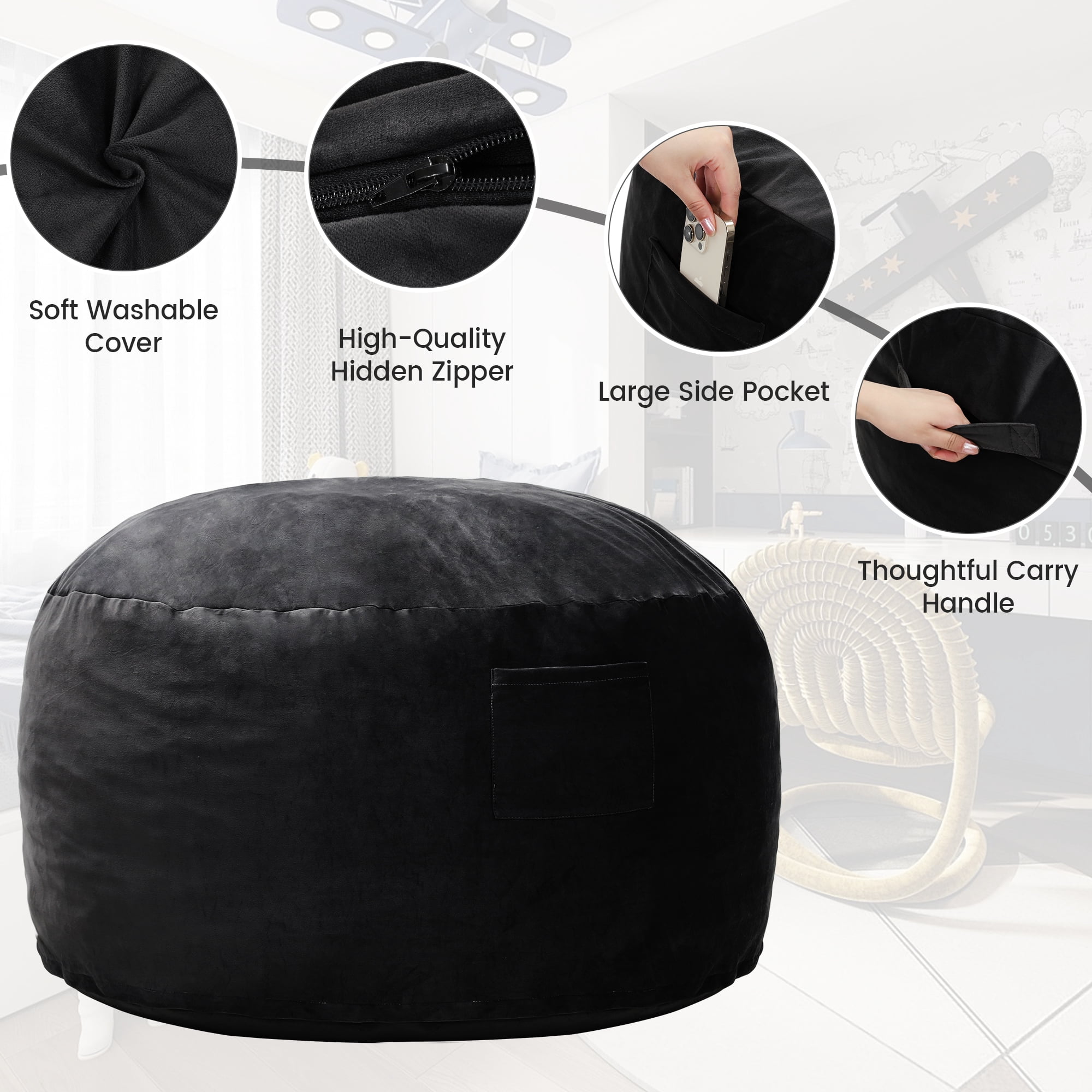 LOGYAT Extra Large 3.5ft Bean Bag Chair, Memory Foam Filling, Washable Suede Cover, Reinforced Zipper, for Kids, Teens, Adults, Black