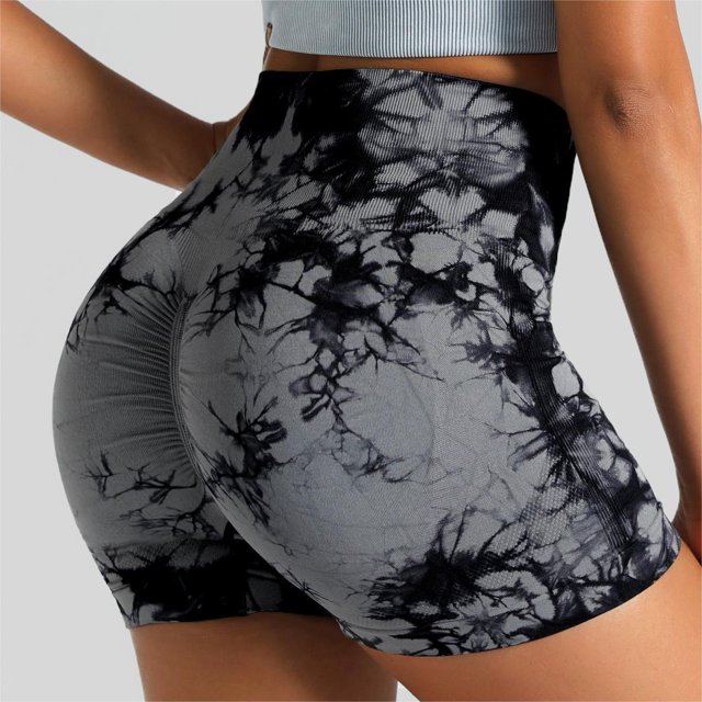 Pantalones de fitness sin costuras teñidos anudados para mujer, pantalones cortos deportivos ajustados de cintura alta para levantar la cadera, pantalones cortos sexis para correr y hacer yoga