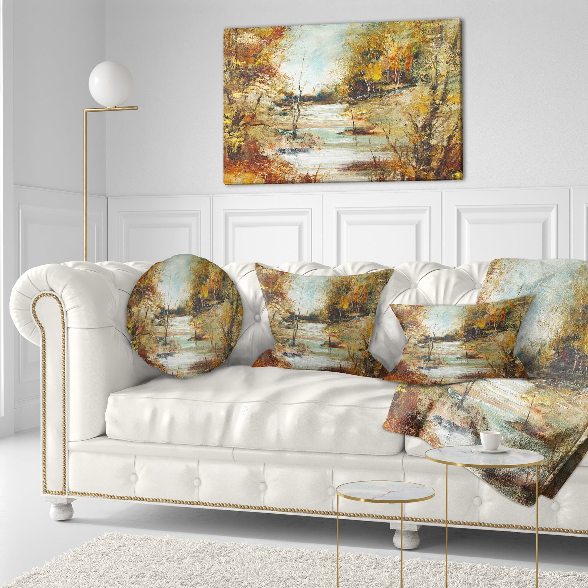 Designart Brown River in Forest - Landscape Painting Throw Pillow - 12x20