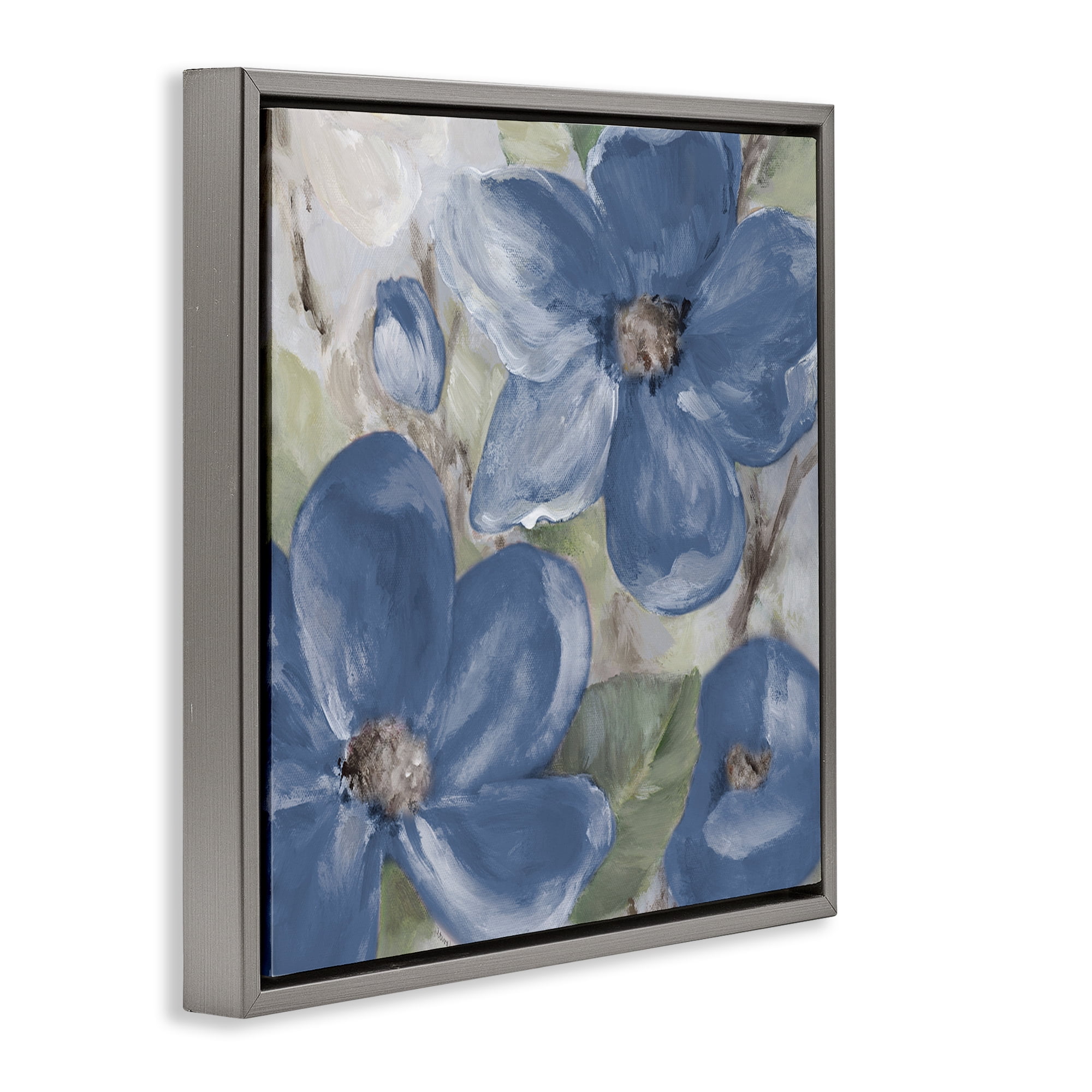 Stupell Industries Silently Blue Bloom Botanical & Floral Painting Gray Floater Framed Art Print Wall Art, 18 x 18