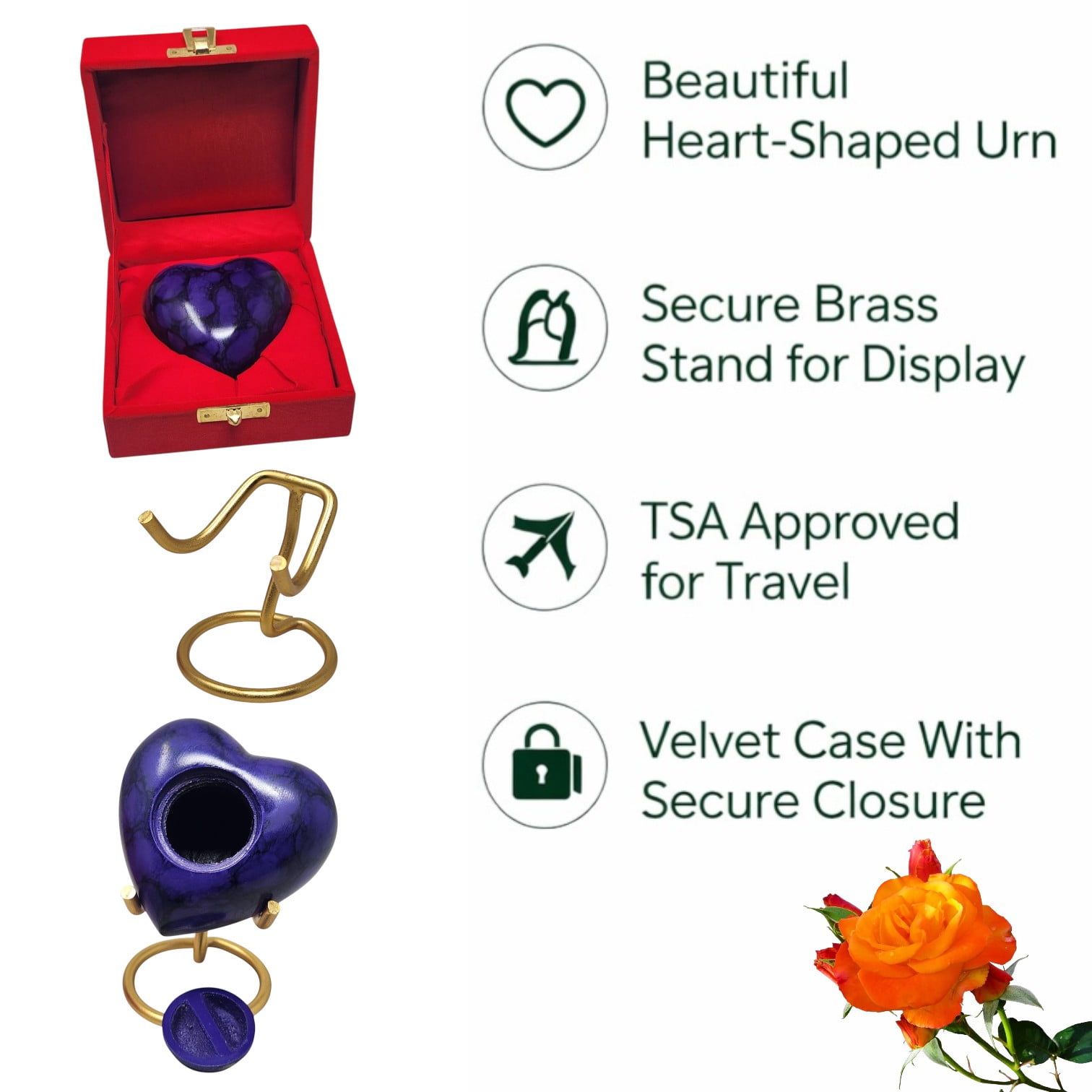 SMIURNS Custom Engraved Royal Purple Marble Finish Heart-Shaped Keepsake Memorial Cremation Urn for Ashes Human or Pet Remains - Gold Display Stand and Red Velvet Gift Box
