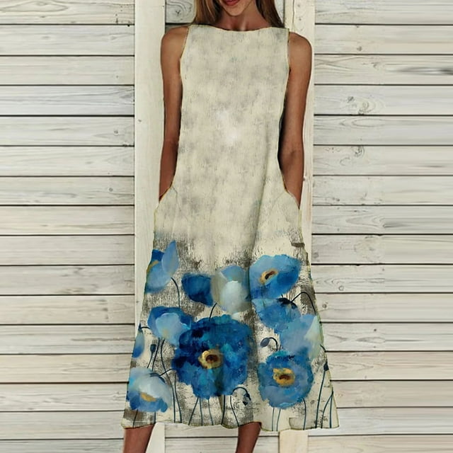 HKEJIAOI Liquidation Robe Florale pour Femmes Robe d'Anniversaire Robe d'Été Col Rond Sans Manches Imprimé Floral Scénique avec Poches Kaki