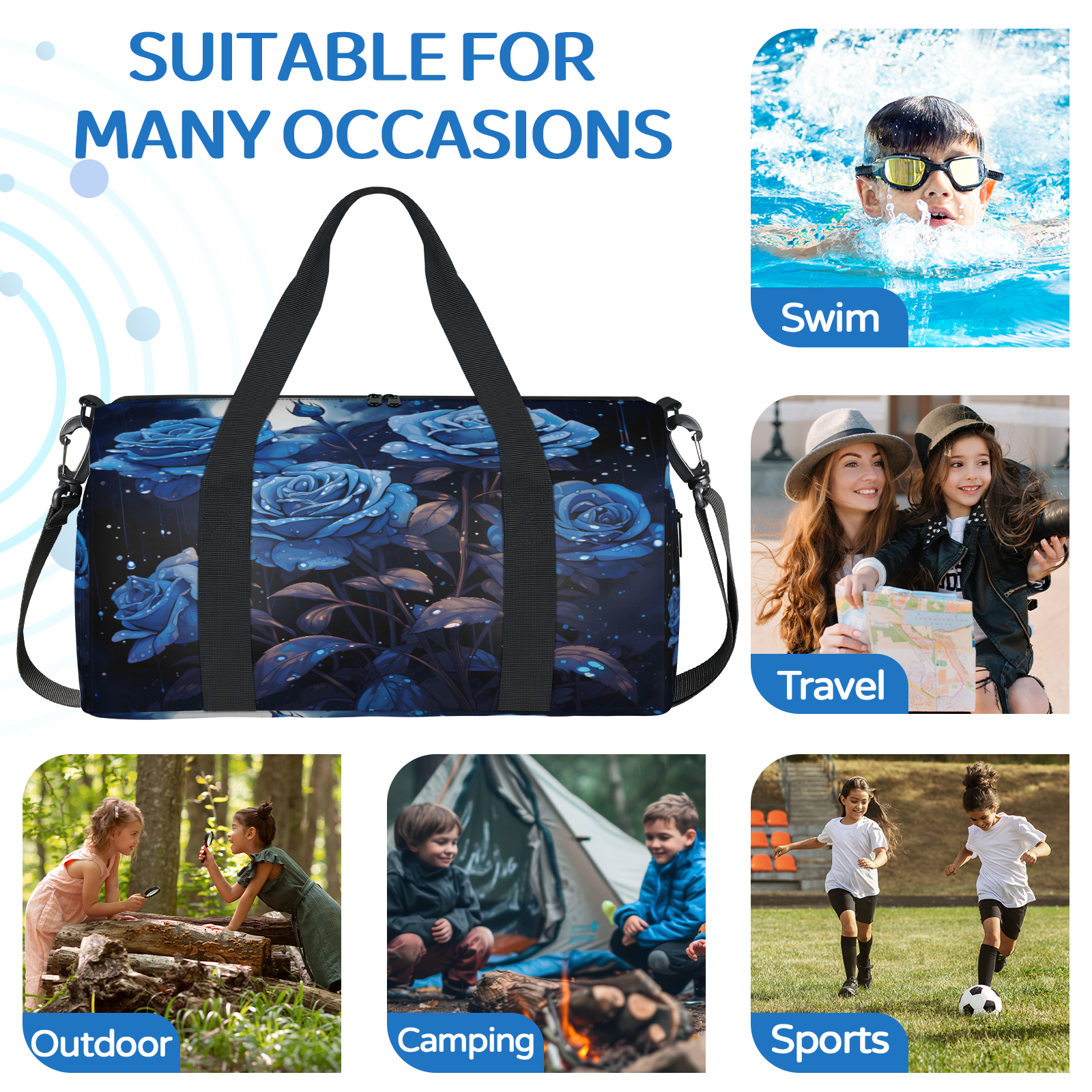 Herdesigns Blue Flower Travel Duffle Bag Sports Yoga Weekender Overnight Carry on Workout Bags Lightweight Waterproof Gym Tote Bag for Women