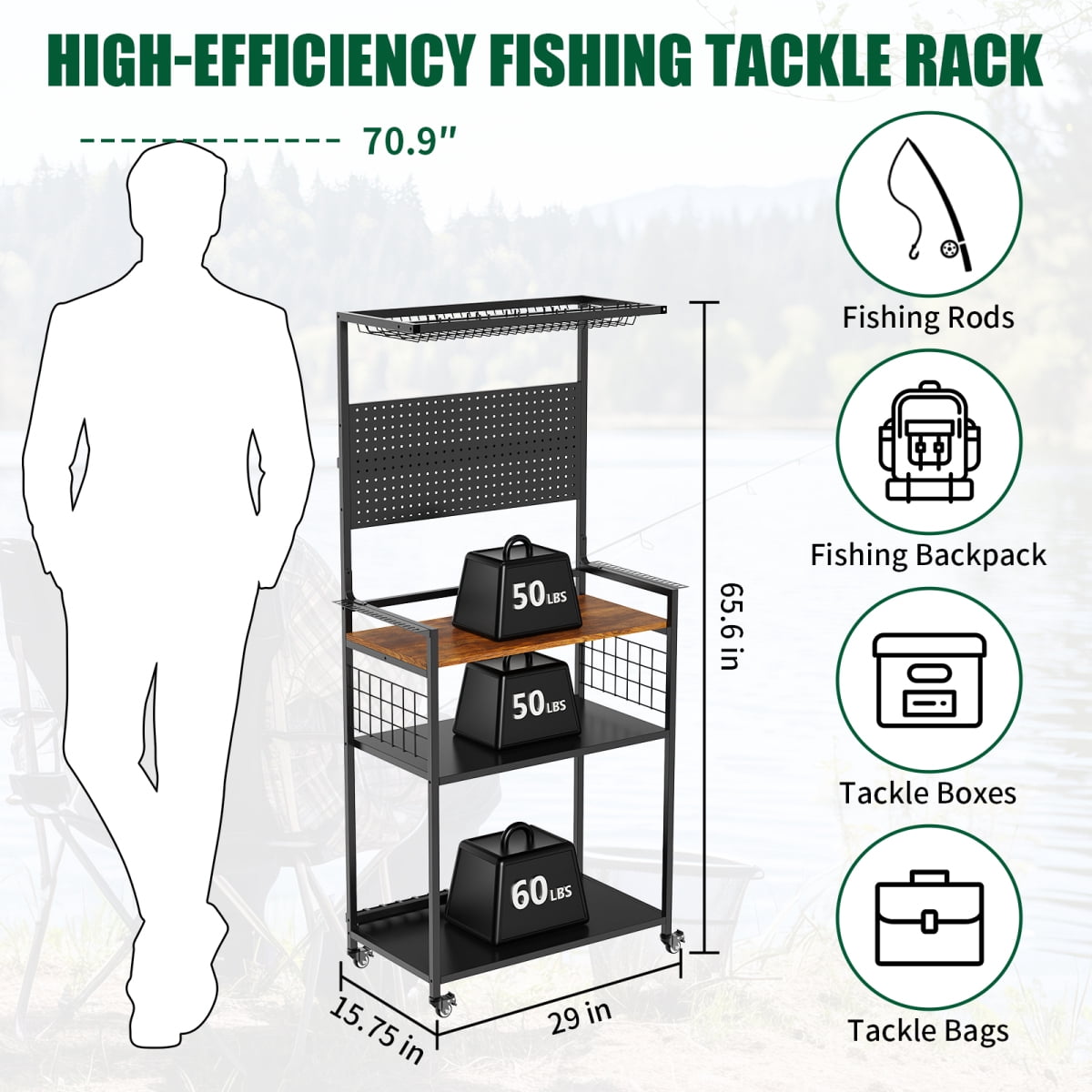 4-in-1 Fishing Rod Holder, 65.6" Heavy Duty Metal Fishing Gear Storage and Organization with Pegboard, Rolling Tackle Organizer Cart, Multi-Tier Stand for Rods, Reels, Tackle Boxes, 4 Lockable Wheels