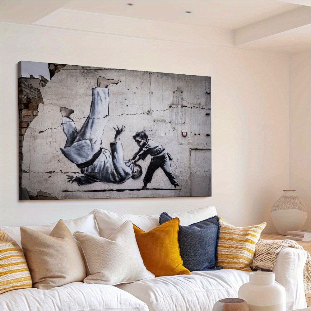 Banksy Judoka 3D Canvas, Handmade Gift, Painting Poster, Judoka Graffiti Wall Hanging, Banksy Boy Art Canvas, 8D Canvas, Decor Canvas(40" W x 30" H，Framed)