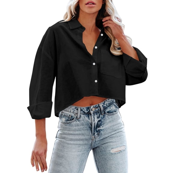 Womens Spring Summer Shirts Button Down Cropped Long Sleeve Casual Crop Solid Lapel with Chest Pocket Shirts for Women